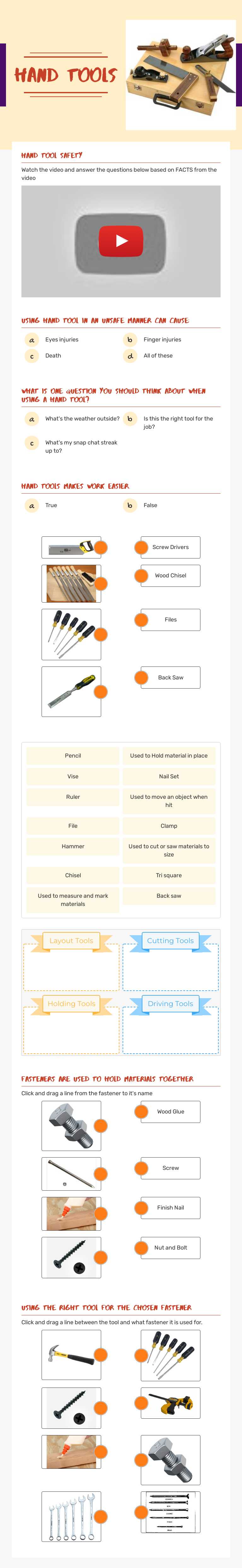 Hand tools worksheet preview image