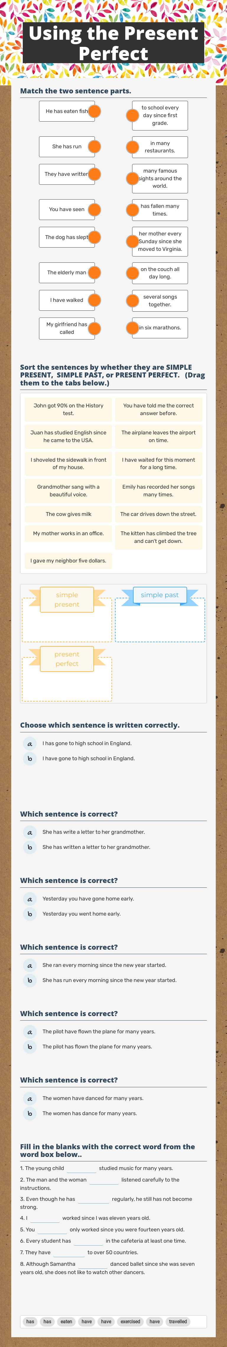 Using the Present Perfect Grade 6 worksheet preview