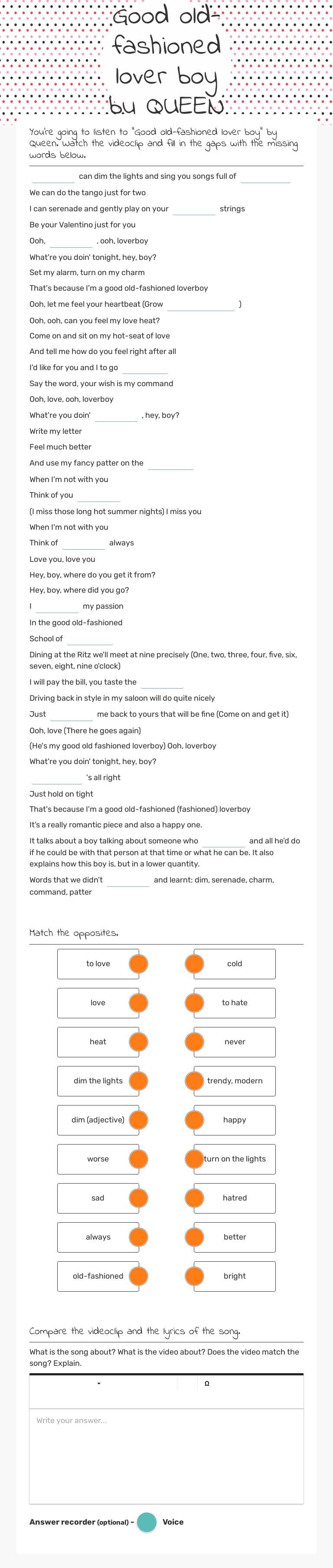 Good old-fashioned
 lover boy by QUEEN worksheet preview image