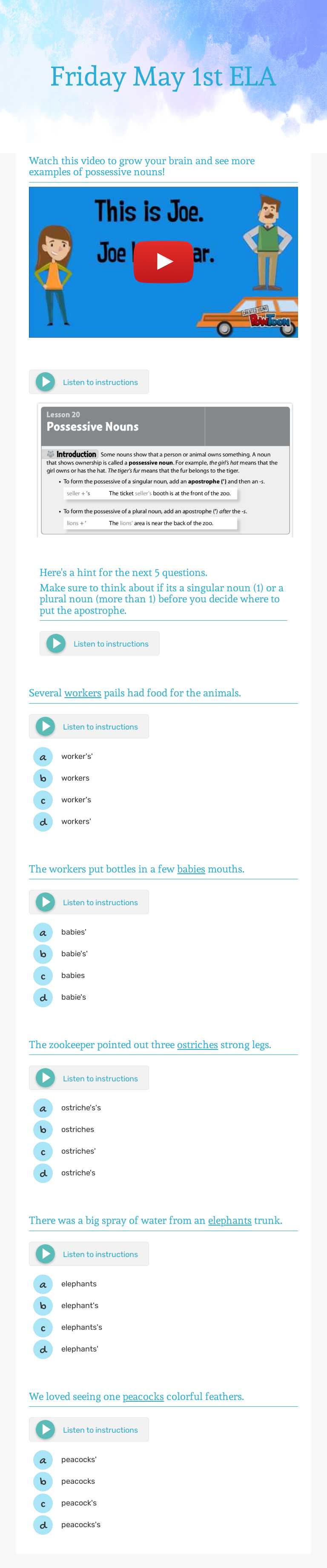 Friday May 1st ELA worksheet preview image