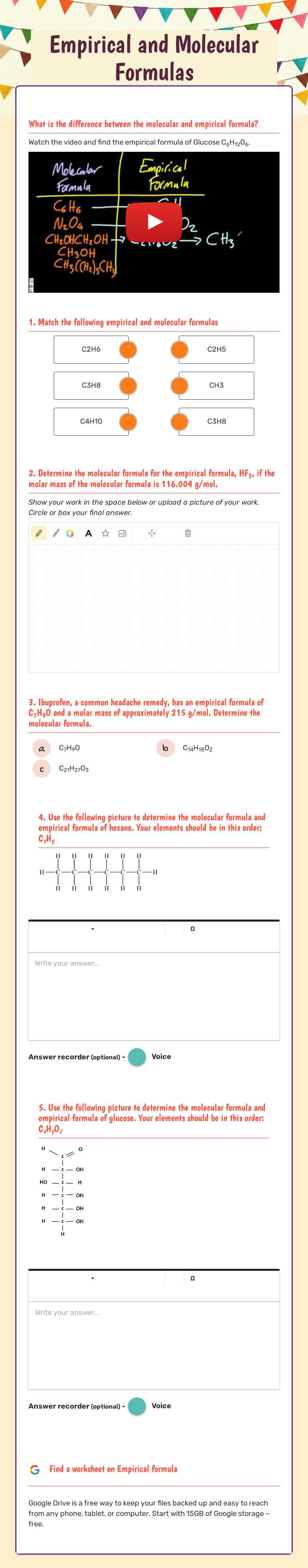 Empirical and Molecular Formulas worksheet preview image