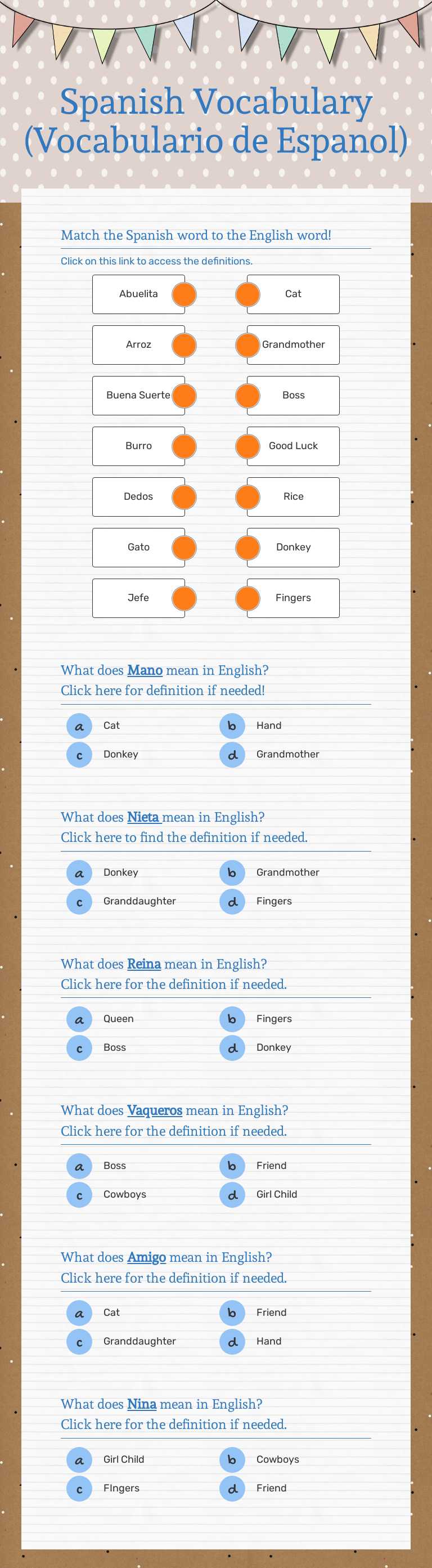 Spanish Vocabulary (Vocabulario de Espanol) worksheet preview image