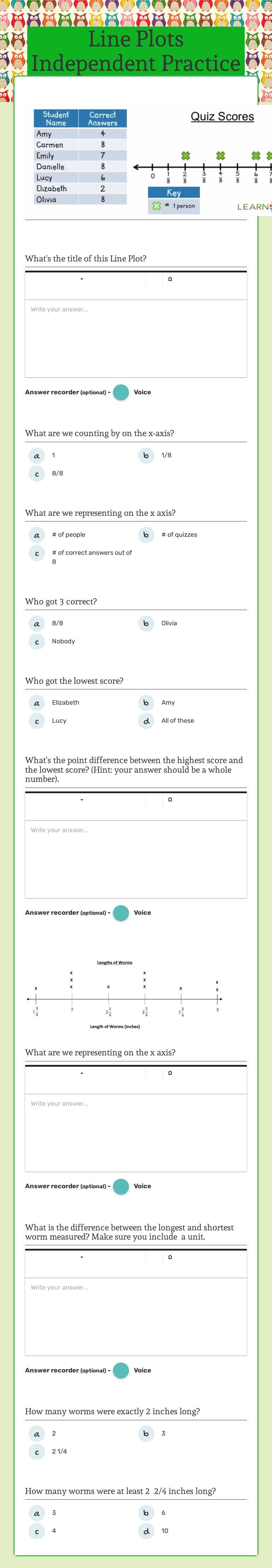 Line Plots Independent Practice worksheet preview image