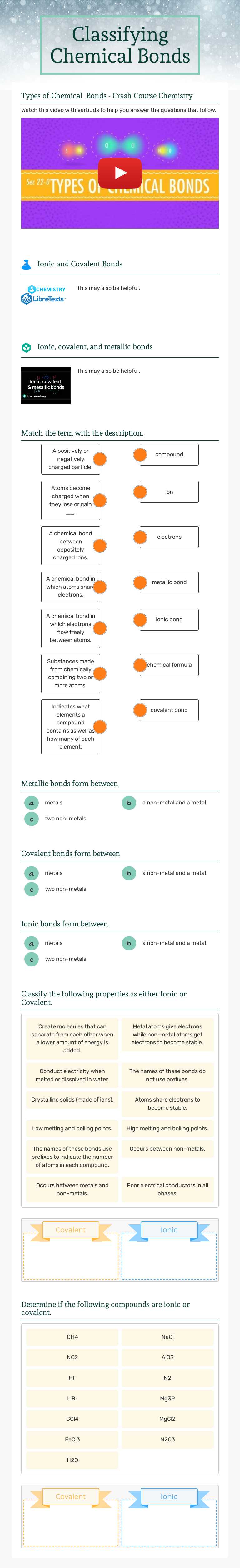 Classifying Chemical Bonds worksheet preview image