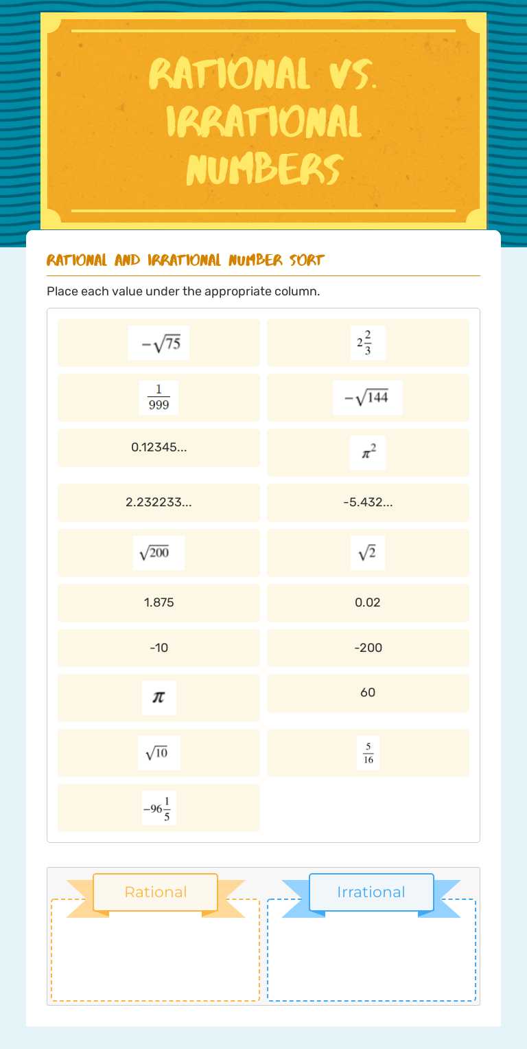 Rational Vs. Irrational Numbers Grade 8 worksheet preview