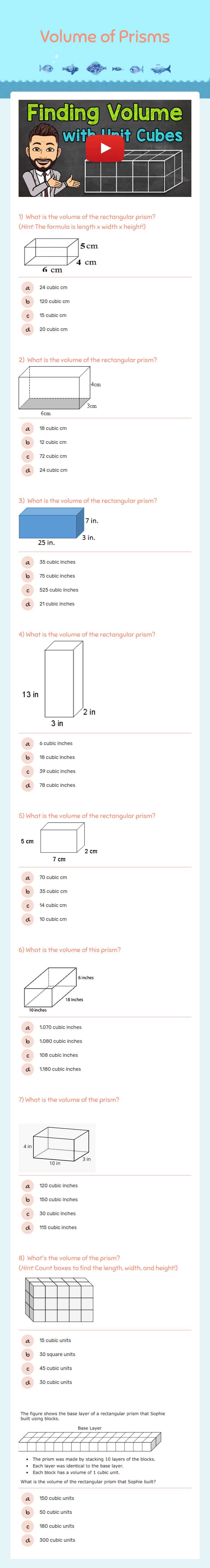 Volume of Prisms worksheet preview image