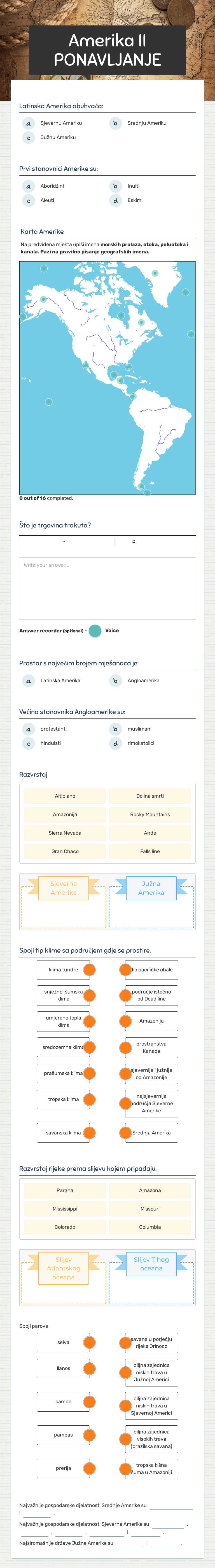 Amerika  II  PONAVLJANJE worksheet preview image