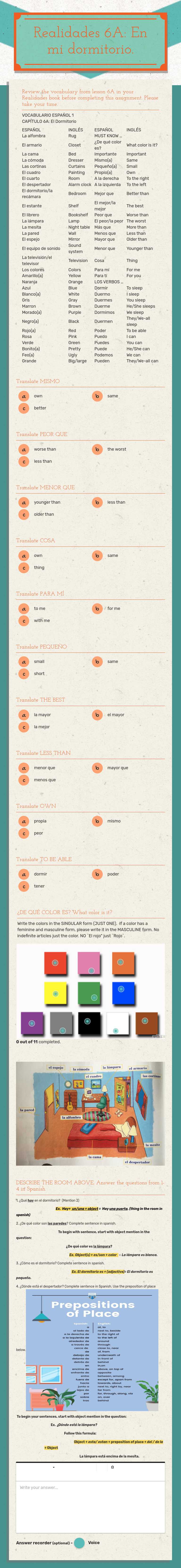 Realidades 6A: En mi dormitorio. worksheet preview image