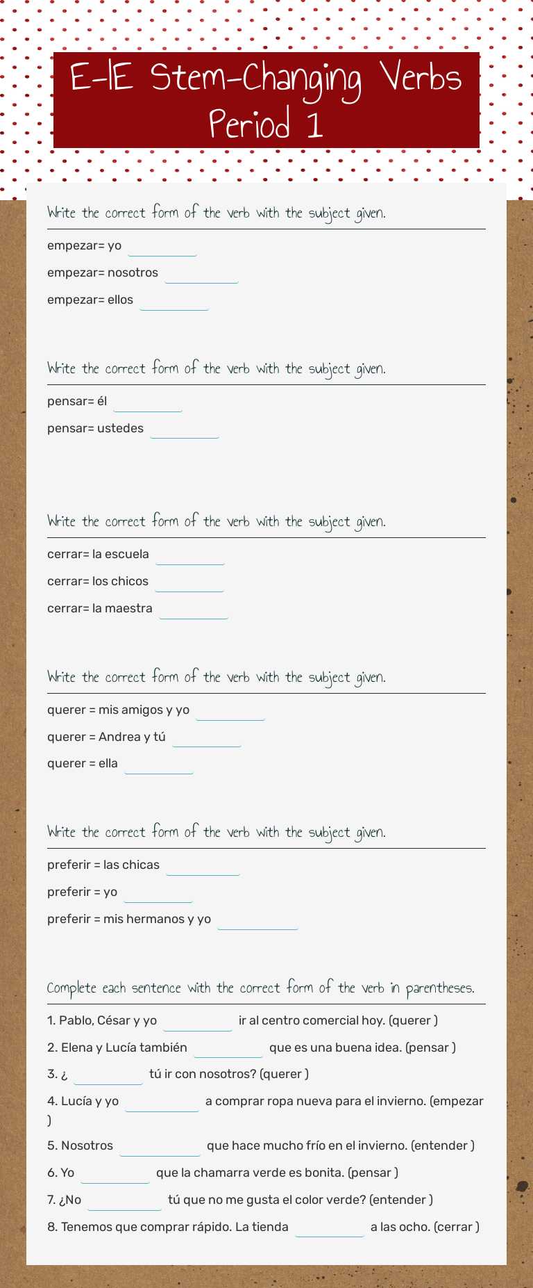 E-IE Stem-Changing Verbs Period 1 worksheet preview image