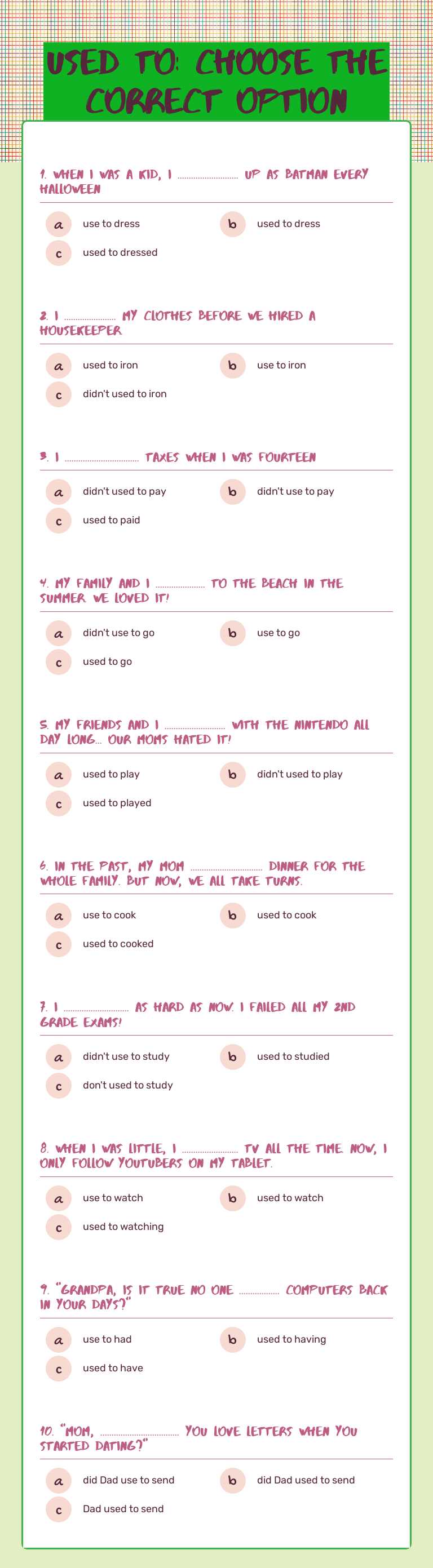 USED TO:                  
 choose the correct option Grade 6 worksheet preview