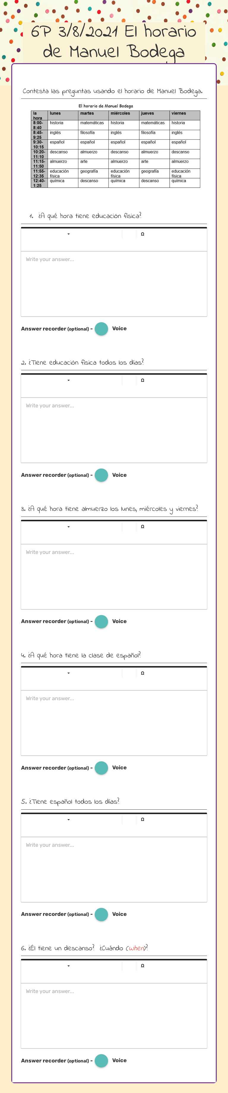6P 3/8/2021 El horario de Manuel Bodega worksheet preview image