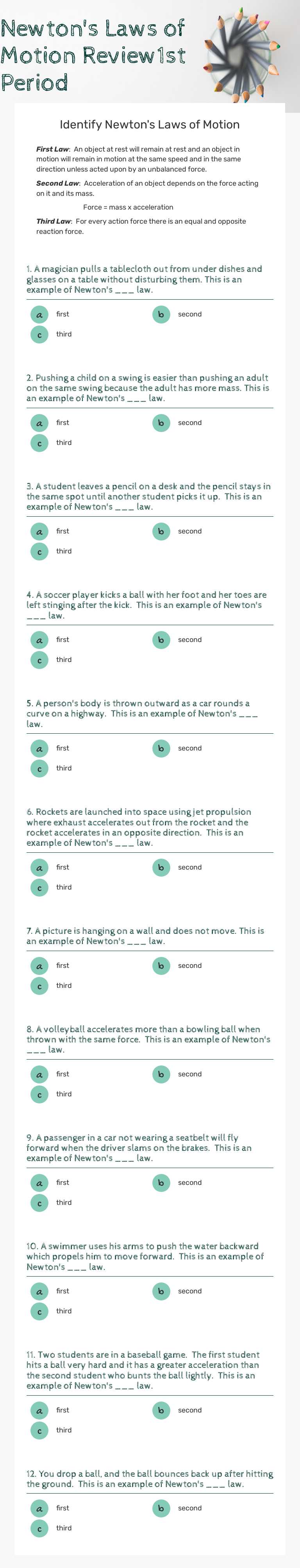 Newton's Laws of Motion Review1st Period Grade 7 worksheet preview