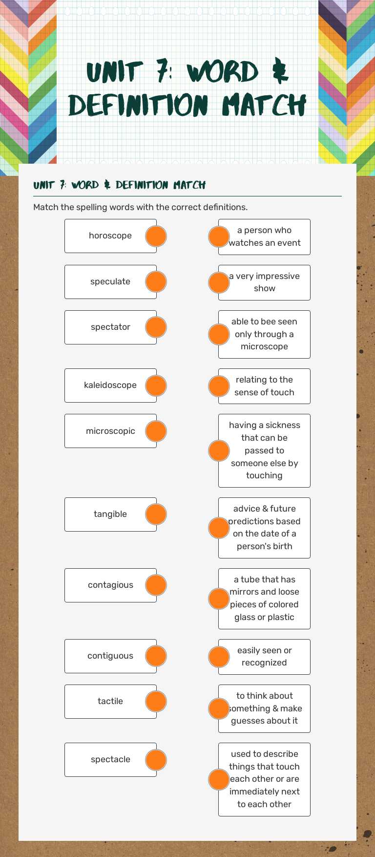 Unit 7: Word & Definition Match Grade 4 worksheet preview