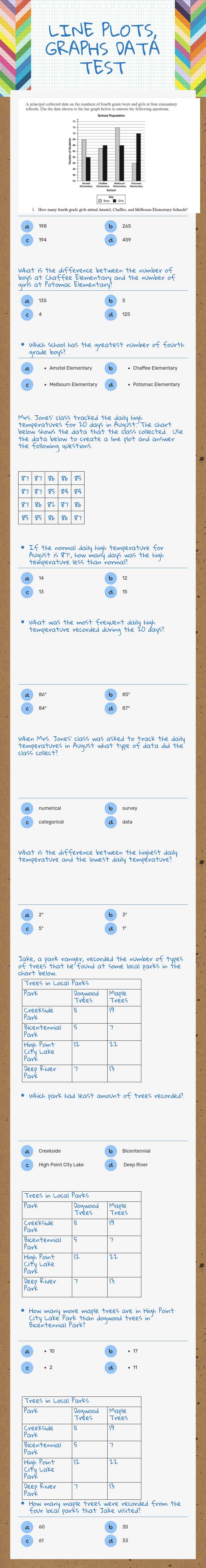 LINE PLOTS, GRAPHS DATA TEST by Beverly Albert | Interactive Worksheet ...