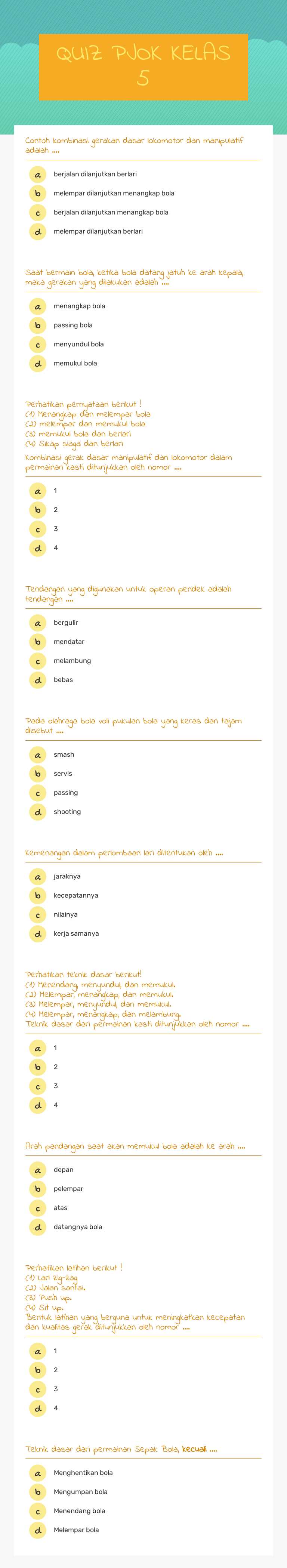 QUIZ PJOK KELAS 5 worksheet preview