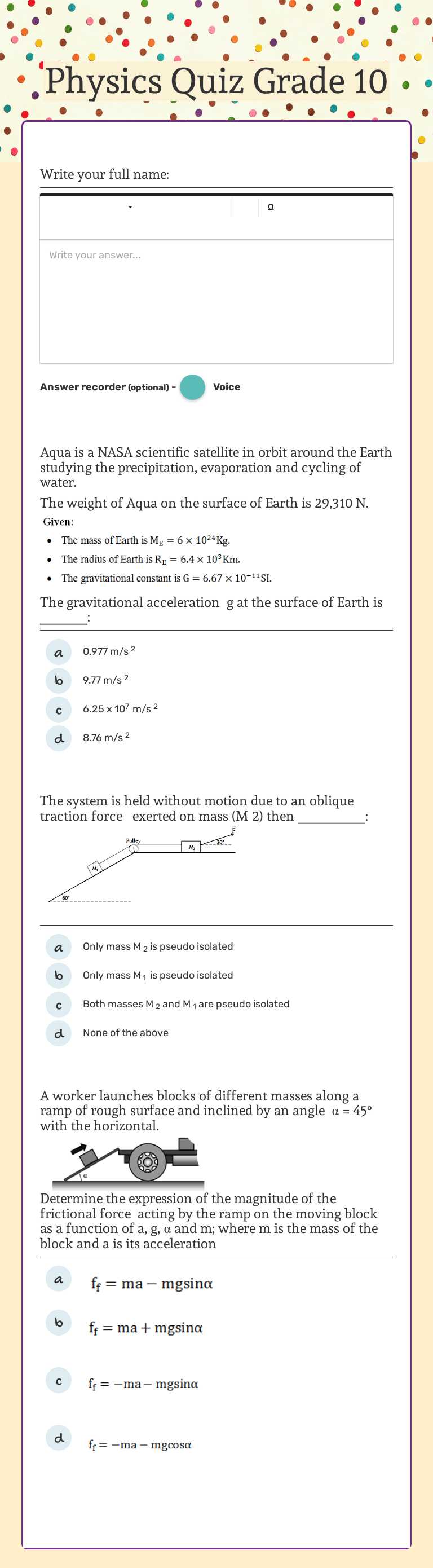 Physics Quiz Grade 10 worksheet preview image