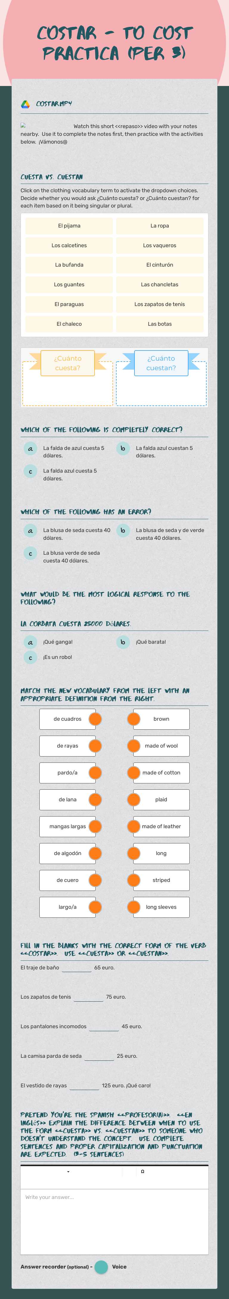 Costar - to cost
practica (per 3) Grade 8 worksheet preview