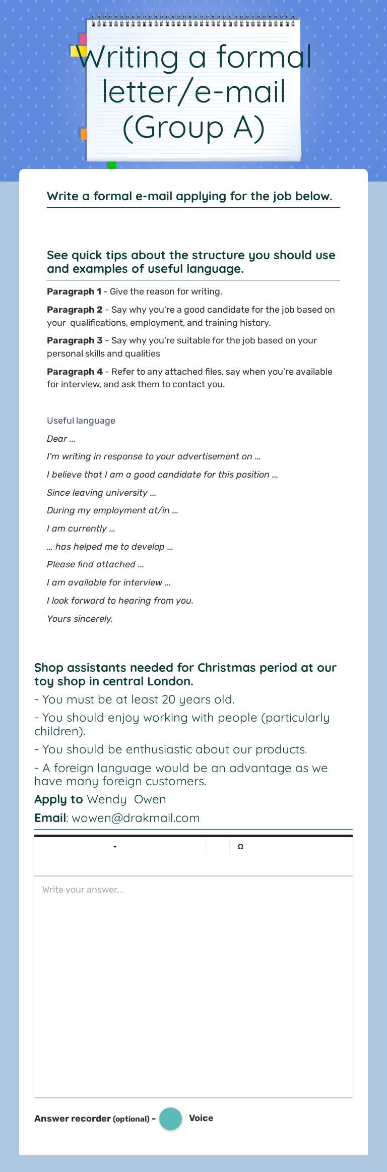 Writing a formal letter/e-mail (Group A) worksheet preview image