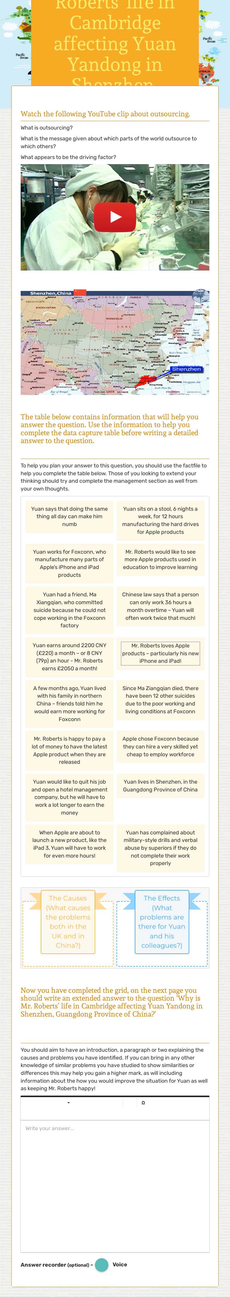 Why is Mr. Roberts’ life in Cambridge affecting Yuan Yandong in Shenzhen, Guangdong China? worksheet preview image