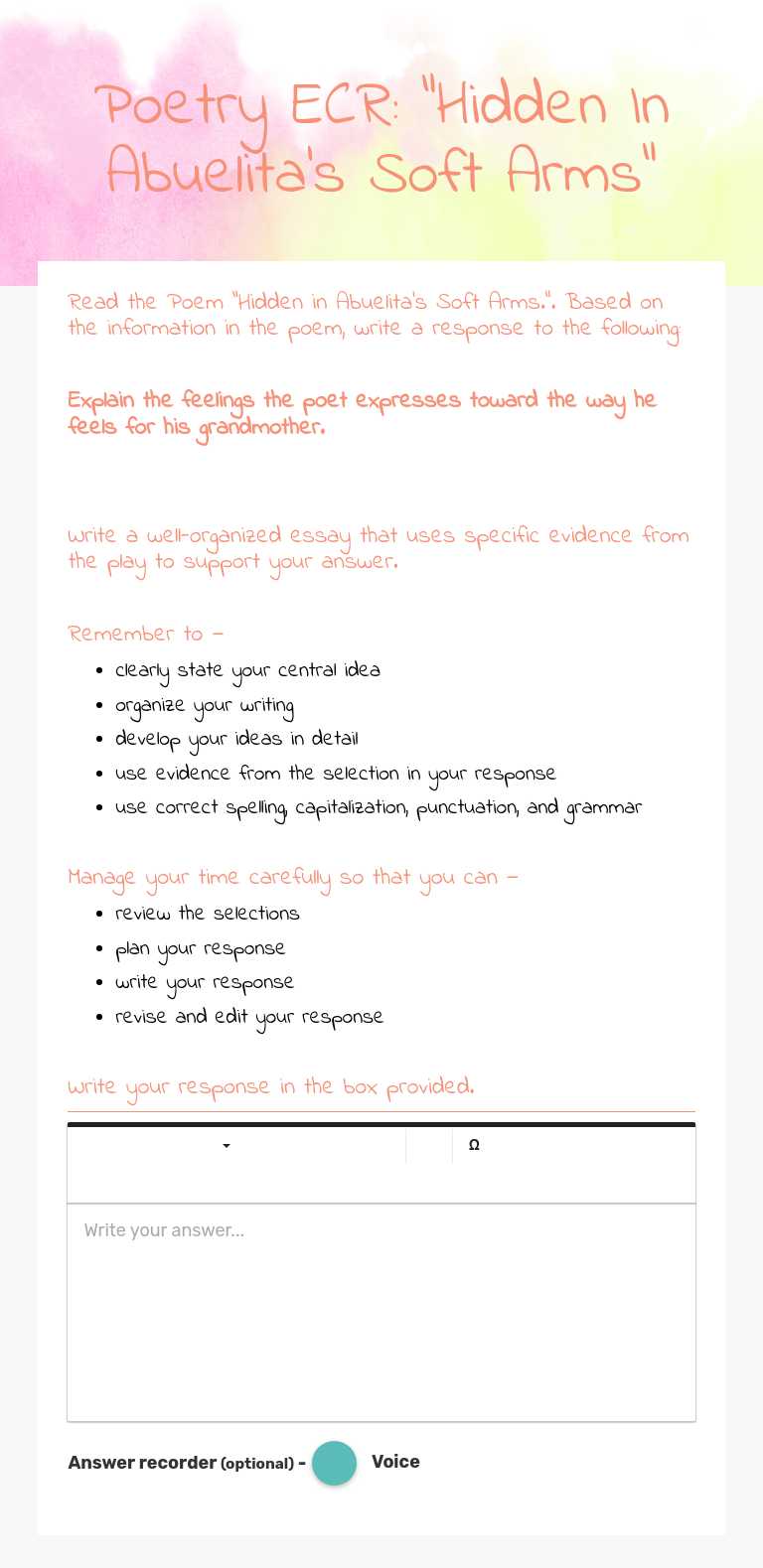 Poetry ECR: "Hidden In Abuelita's Soft Arms" worksheet preview image