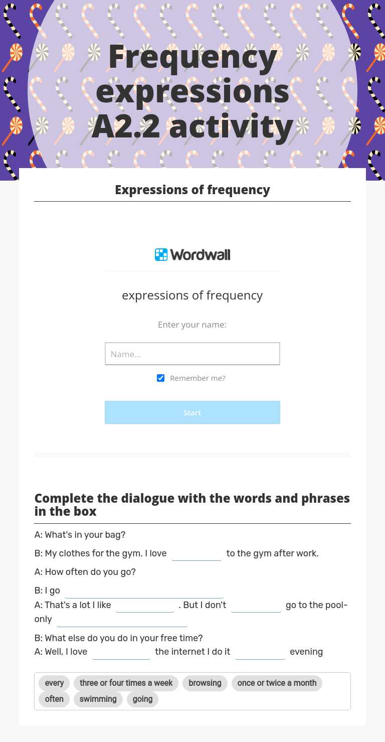 Frequency expressions A2.2 activity worksheet preview