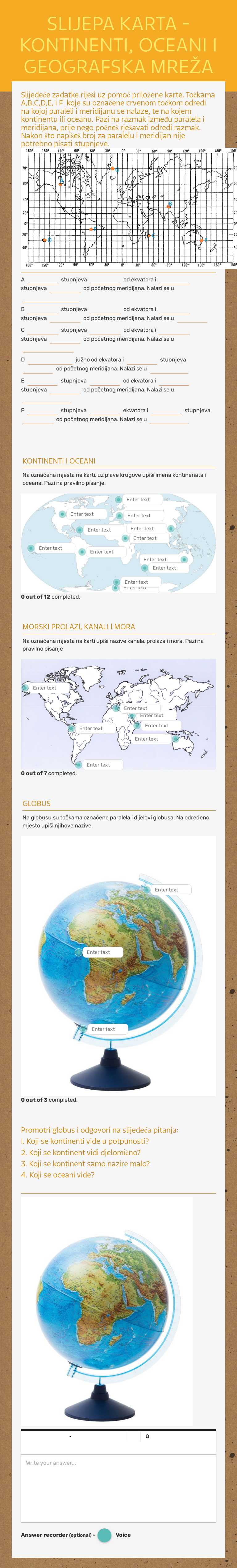 SLIJEPA KARTA - KONTINENTI, OCEANI I GEOGRAFSKA MREŽA worksheet preview image