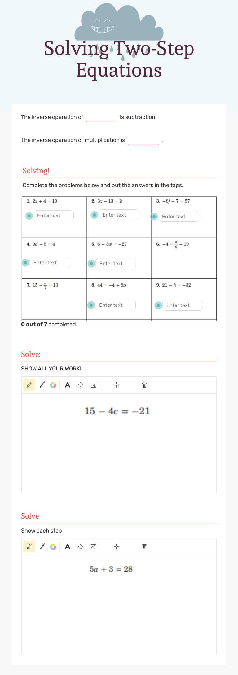 Solving Two-Step Equations worksheet preview image