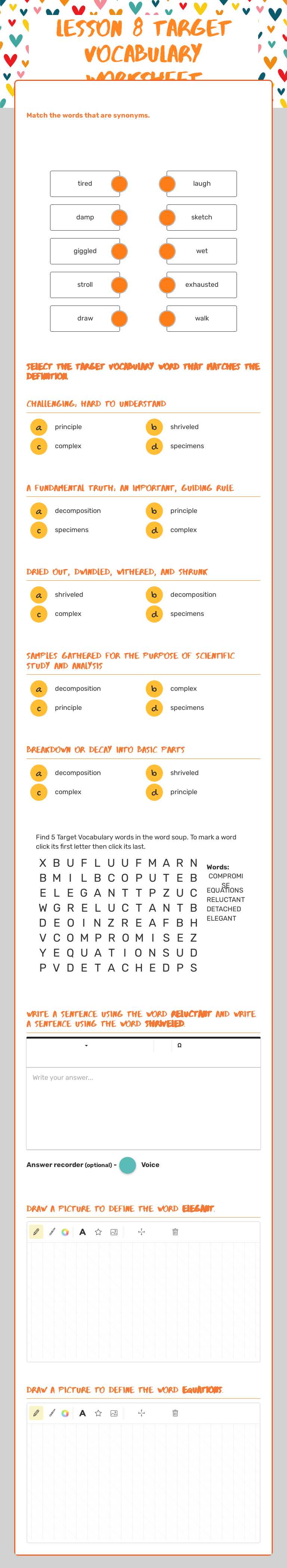 Lesson 8        Target Vocabulary Worksheet worksheet preview image