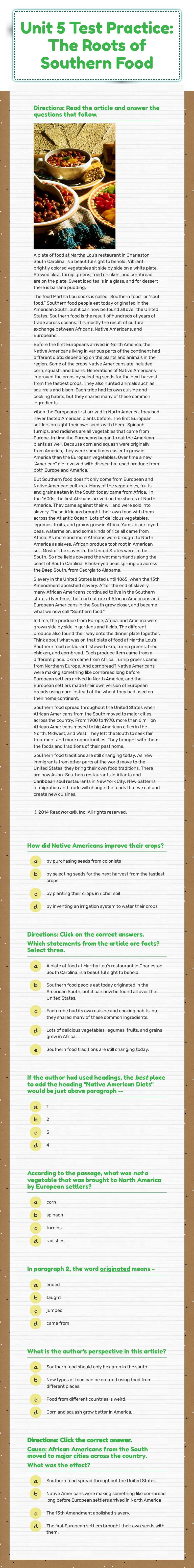 Unit 5 Test Practice: The Roots of Southern Food worksheet preview image
