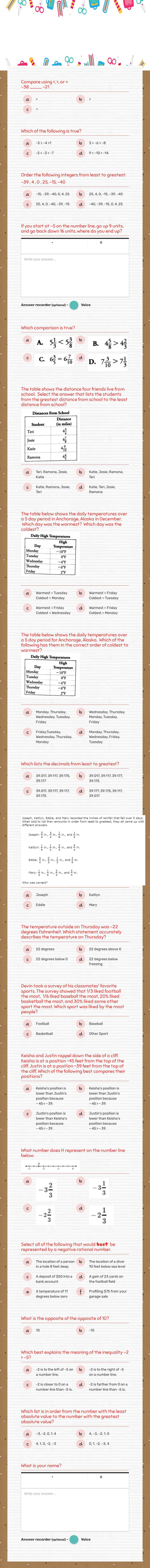Compare/Order rational numbers, absolute value & Opposites worksheet preview image