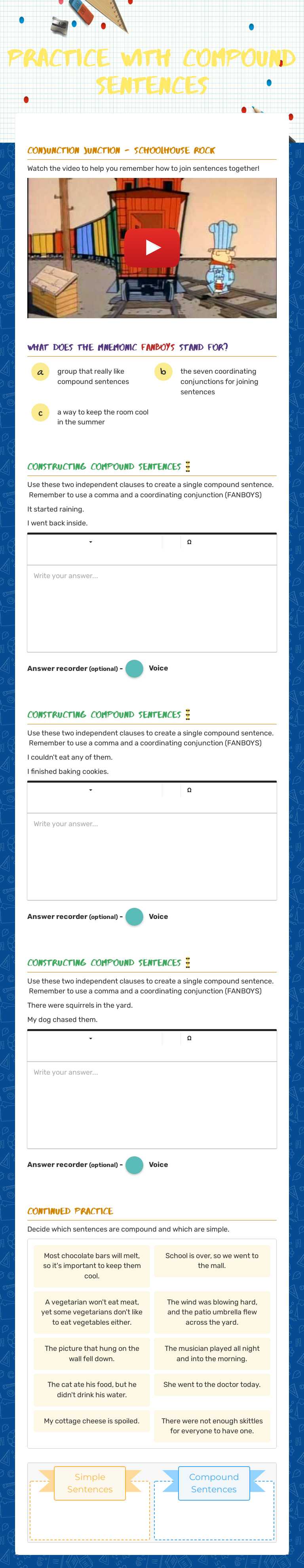 Practice with Compound Sentences worksheet preview image