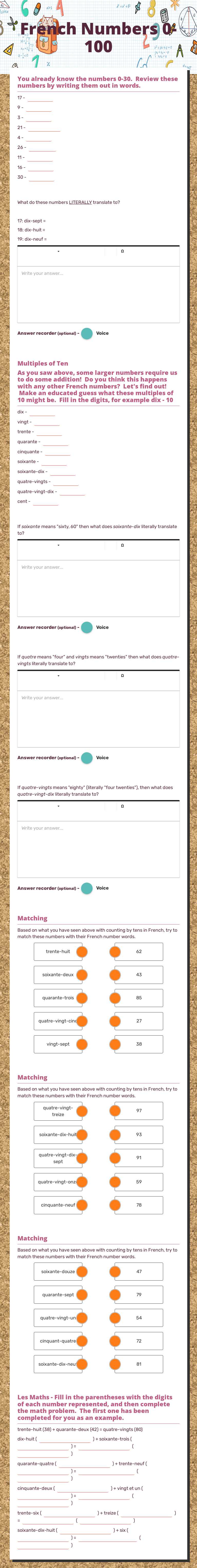 French Numbers       0-100 worksheet preview image