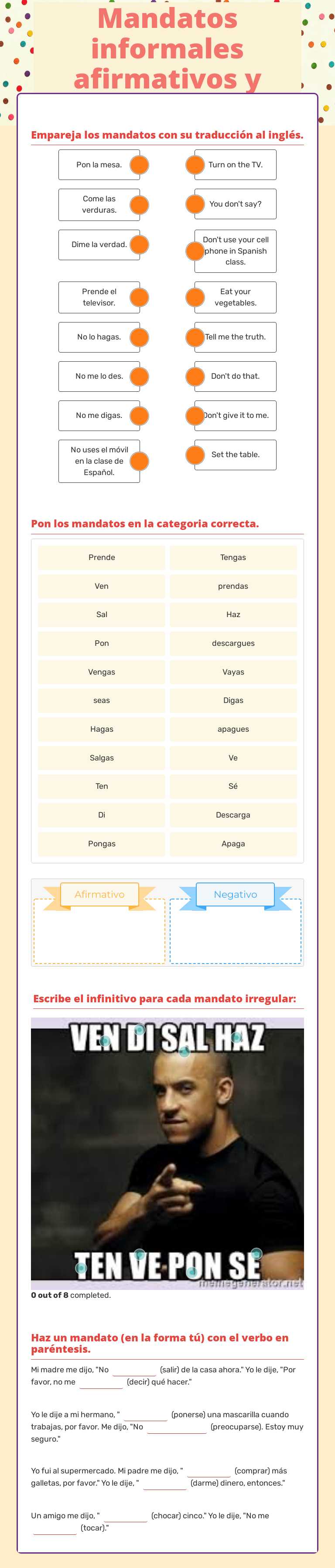 Mandatos informales afirmativos y negativos worksheet preview image