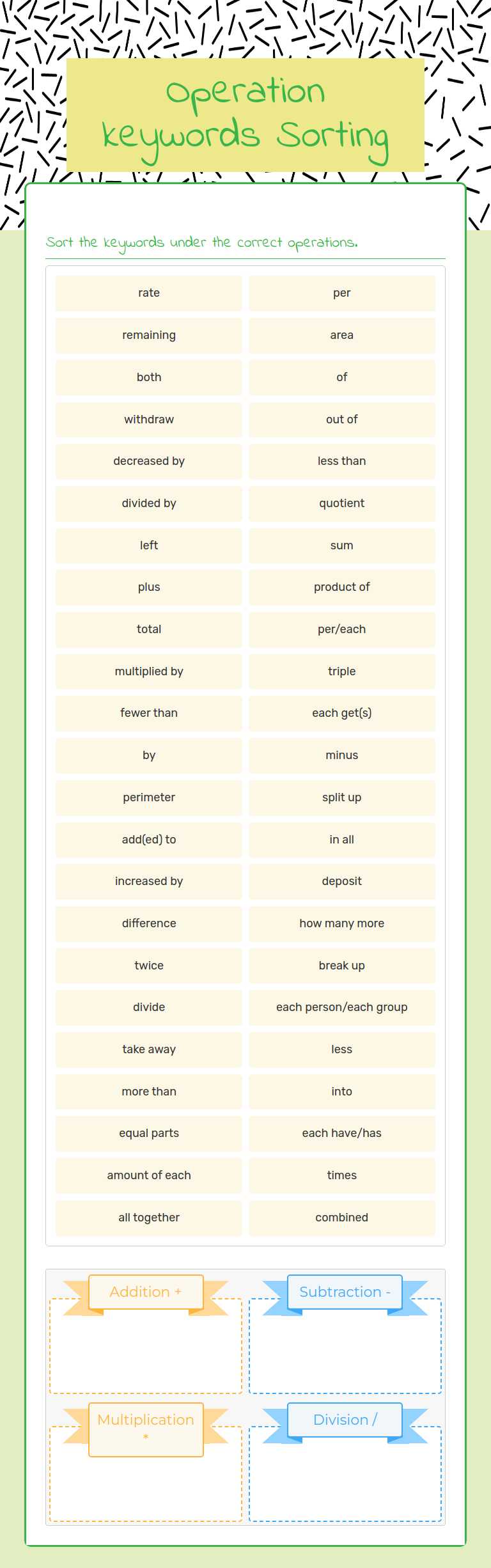 Operation keywords Sorting worksheet preview image