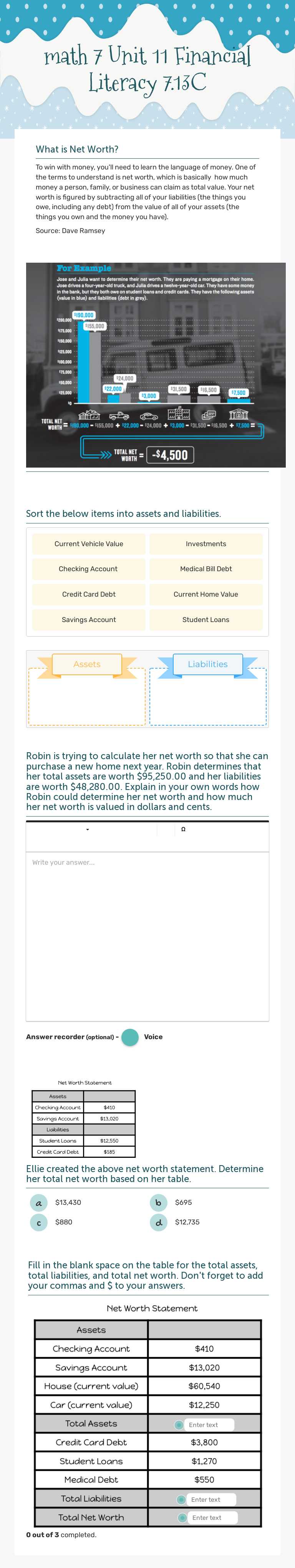 math 7 Unit 11 Financial Literacy 7.13C worksheet preview image