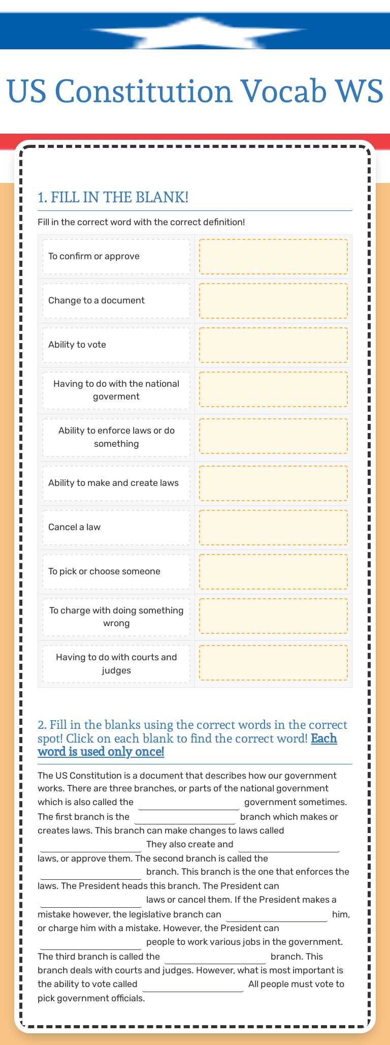 US Constitution Vocab WS Grade 7 worksheet preview