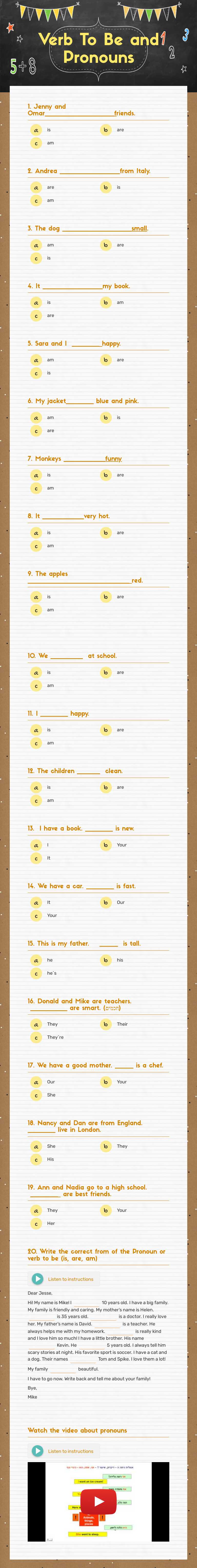 Verb To Be and Pronouns Grade 12 worksheet preview