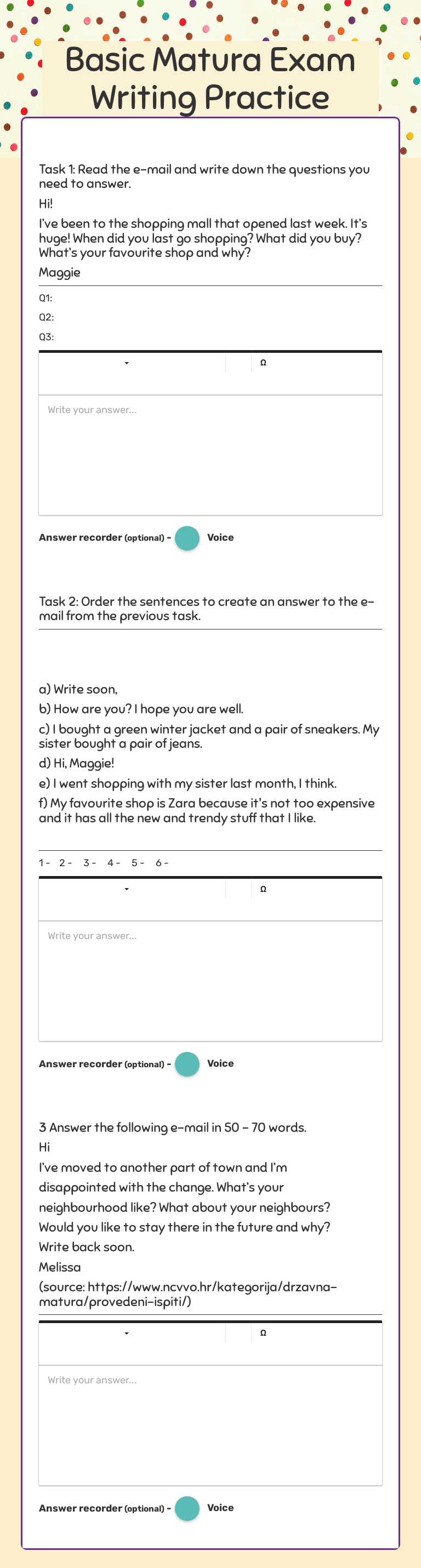 Basic Matura Exam Writing Practice worksheet preview image