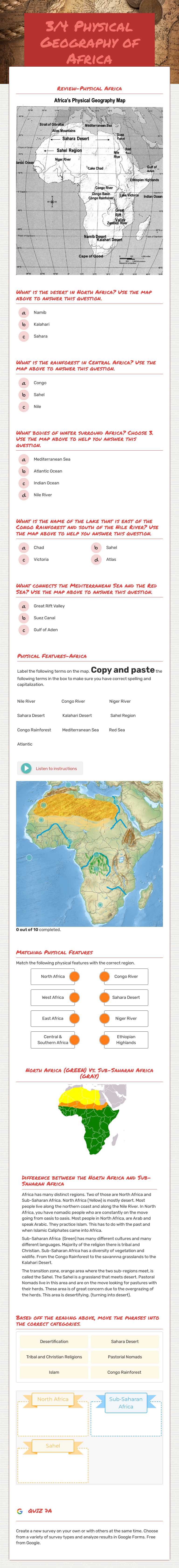 3/4 Physical Geography of Africa worksheet preview image