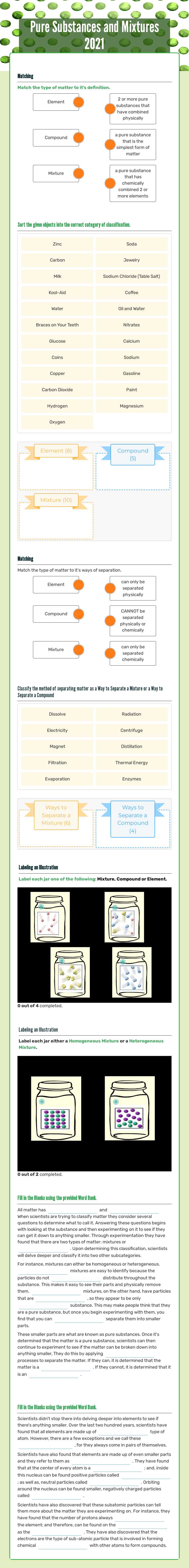 Pure Substances and Mixtures 2022 worksheet preview image