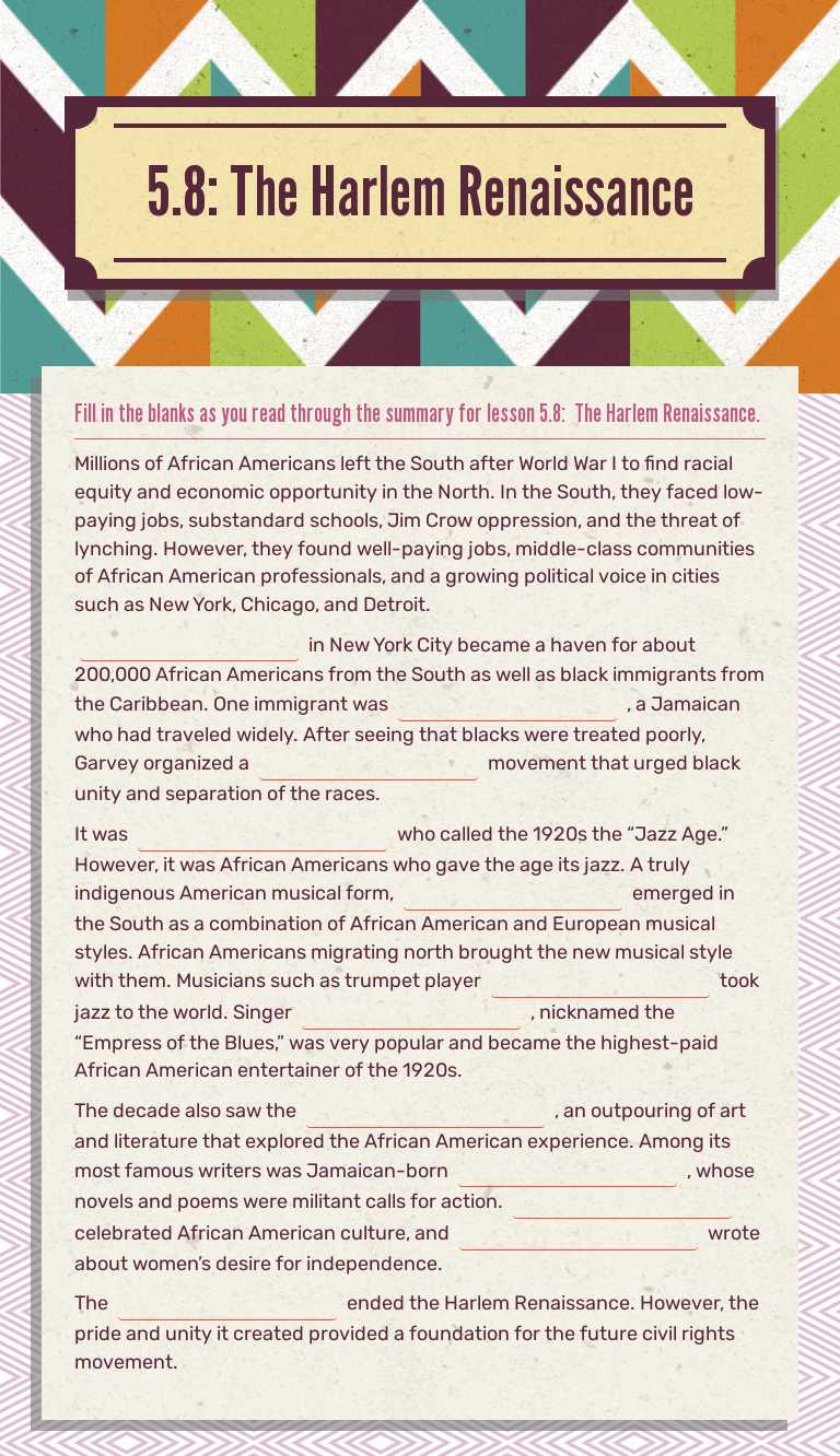 5.8:  The Harlem Renaissance worksheet preview image