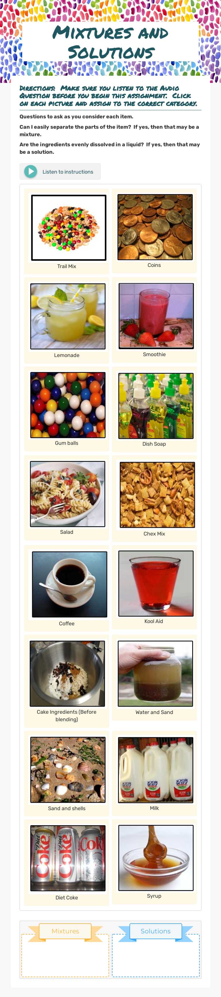 Mixtures and Solutions Grade 5 worksheet preview