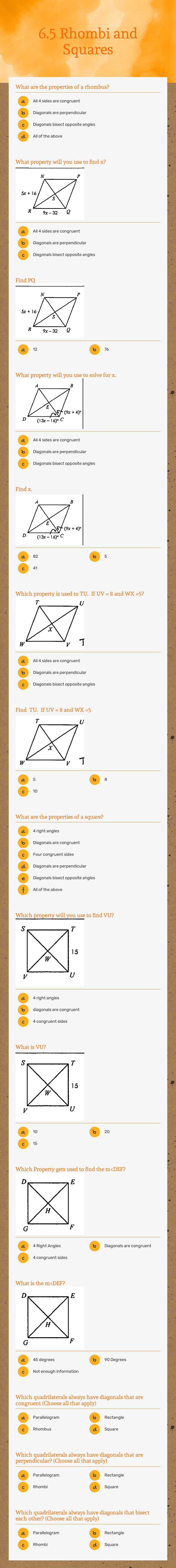 6.5 Rhombi and Squares Grade 10 worksheet preview