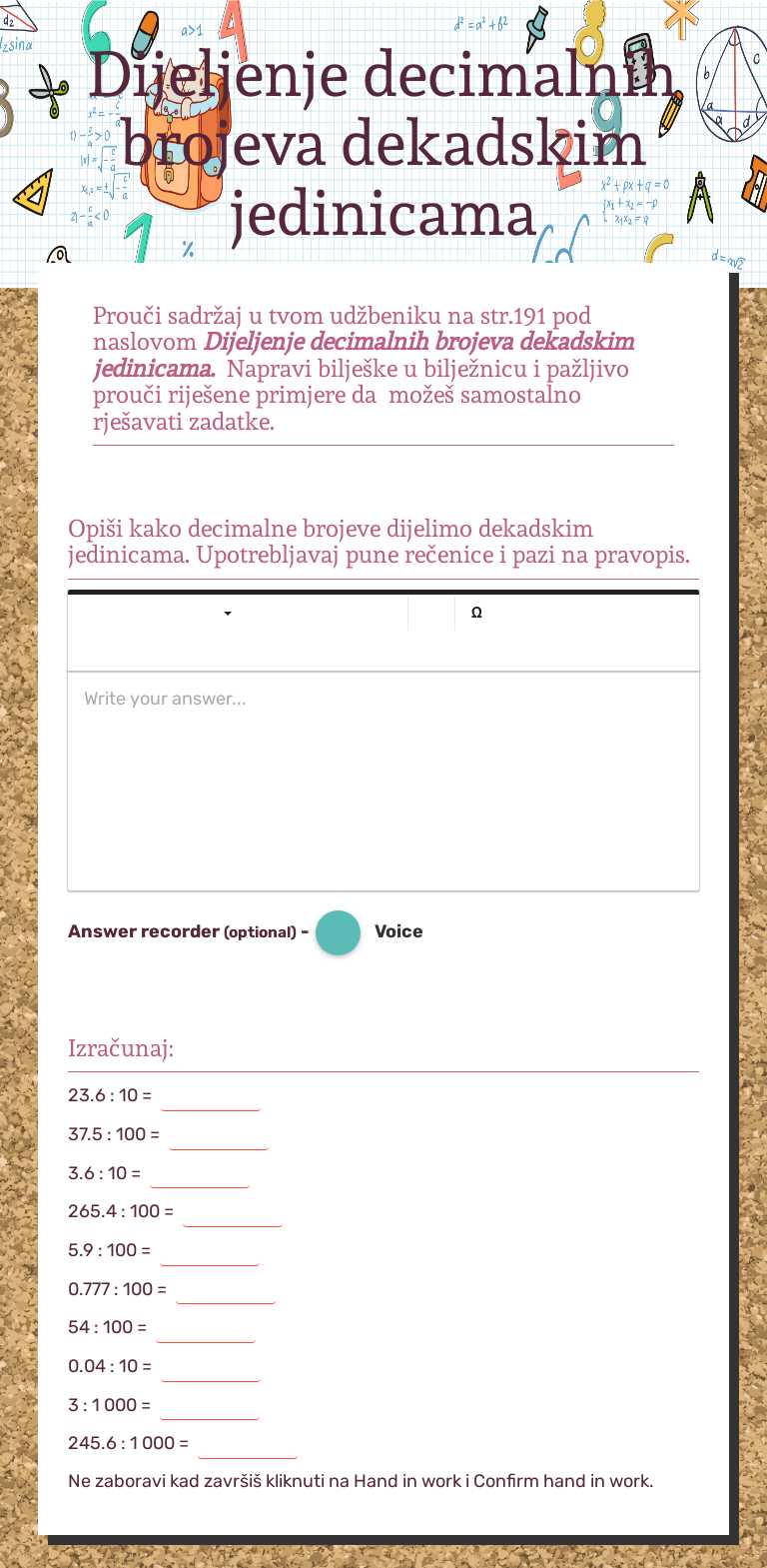 Dijeljenje decimalnih brojeva dekadskim jedinicama worksheet preview image