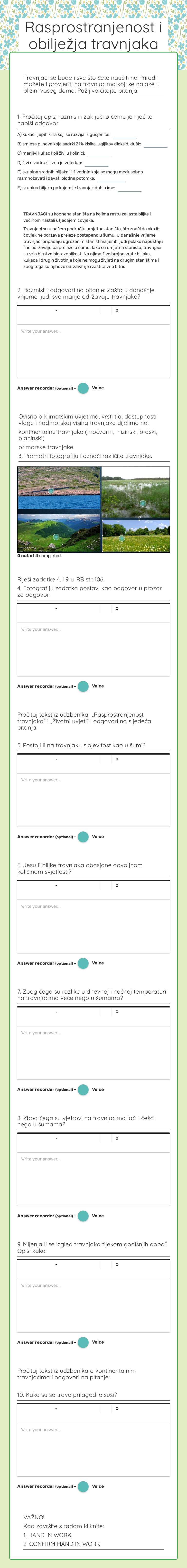 Rasprostranjenost i obilježja travnjaka worksheet preview image