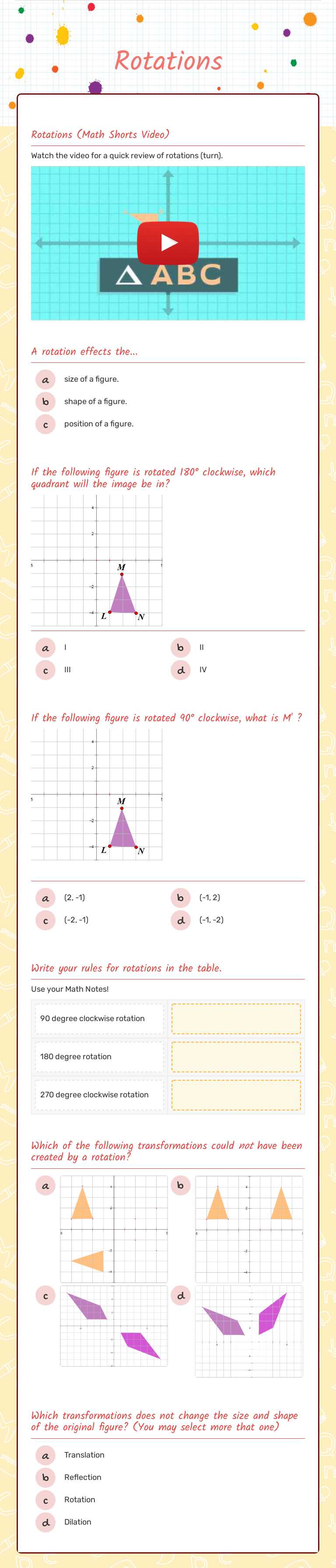 Rotations worksheet preview image