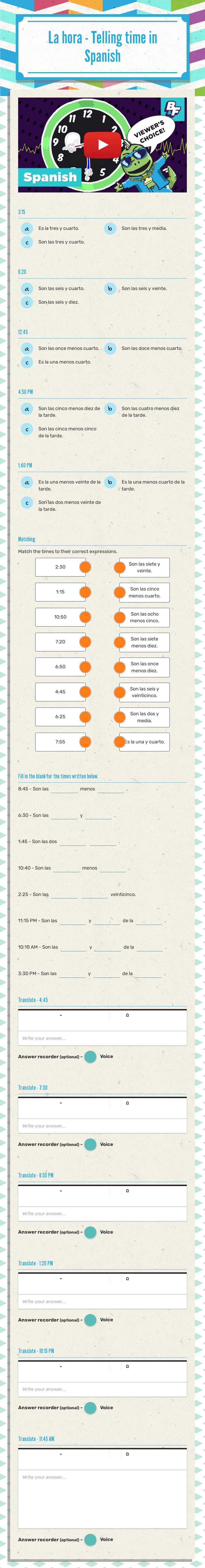 La hora - Telling time in Spanish Grade 6 worksheet preview