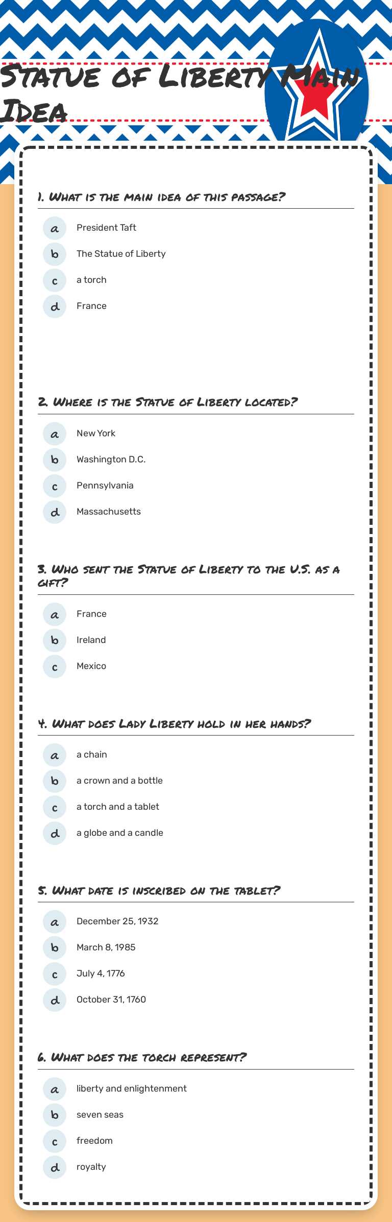 Statue of Liberty   
     Main Idea Grade 2 worksheet preview