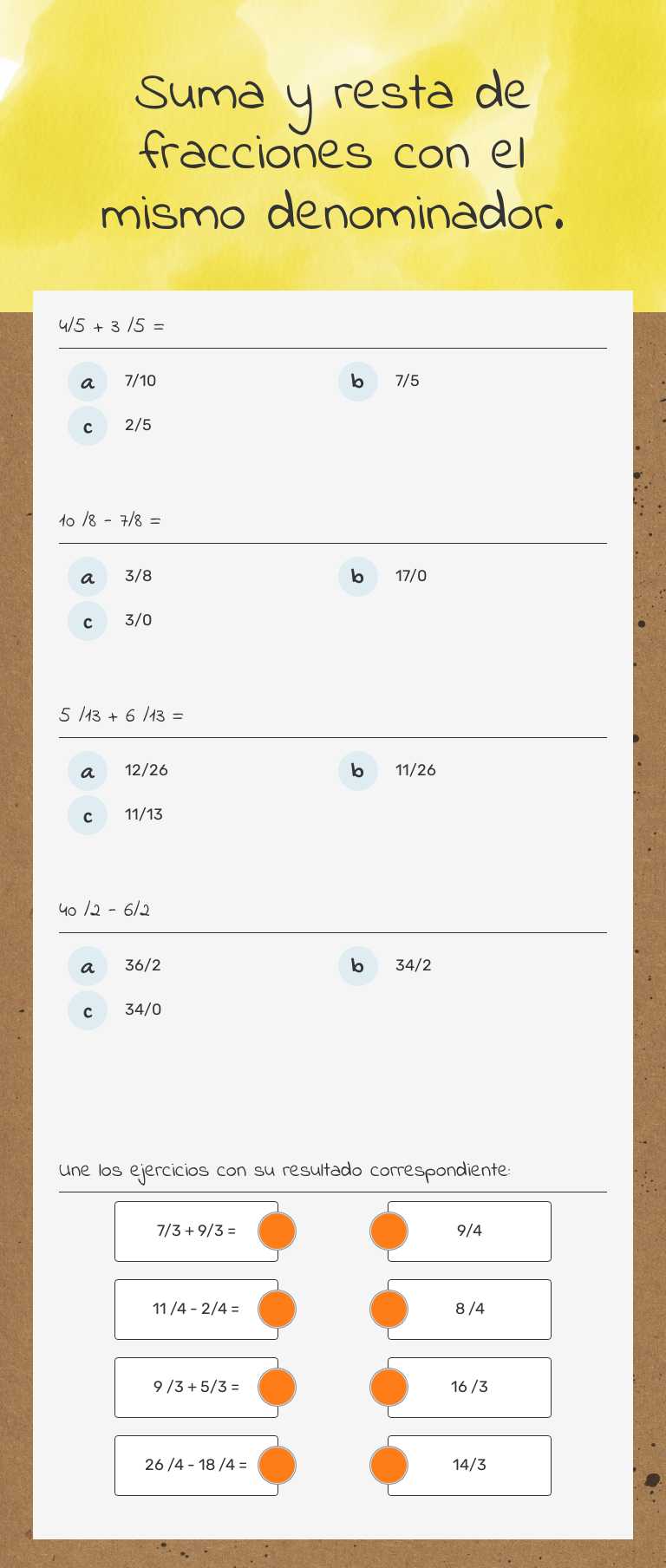 Suma y resta de fracciones con el mismo denominador. worksheet preview image