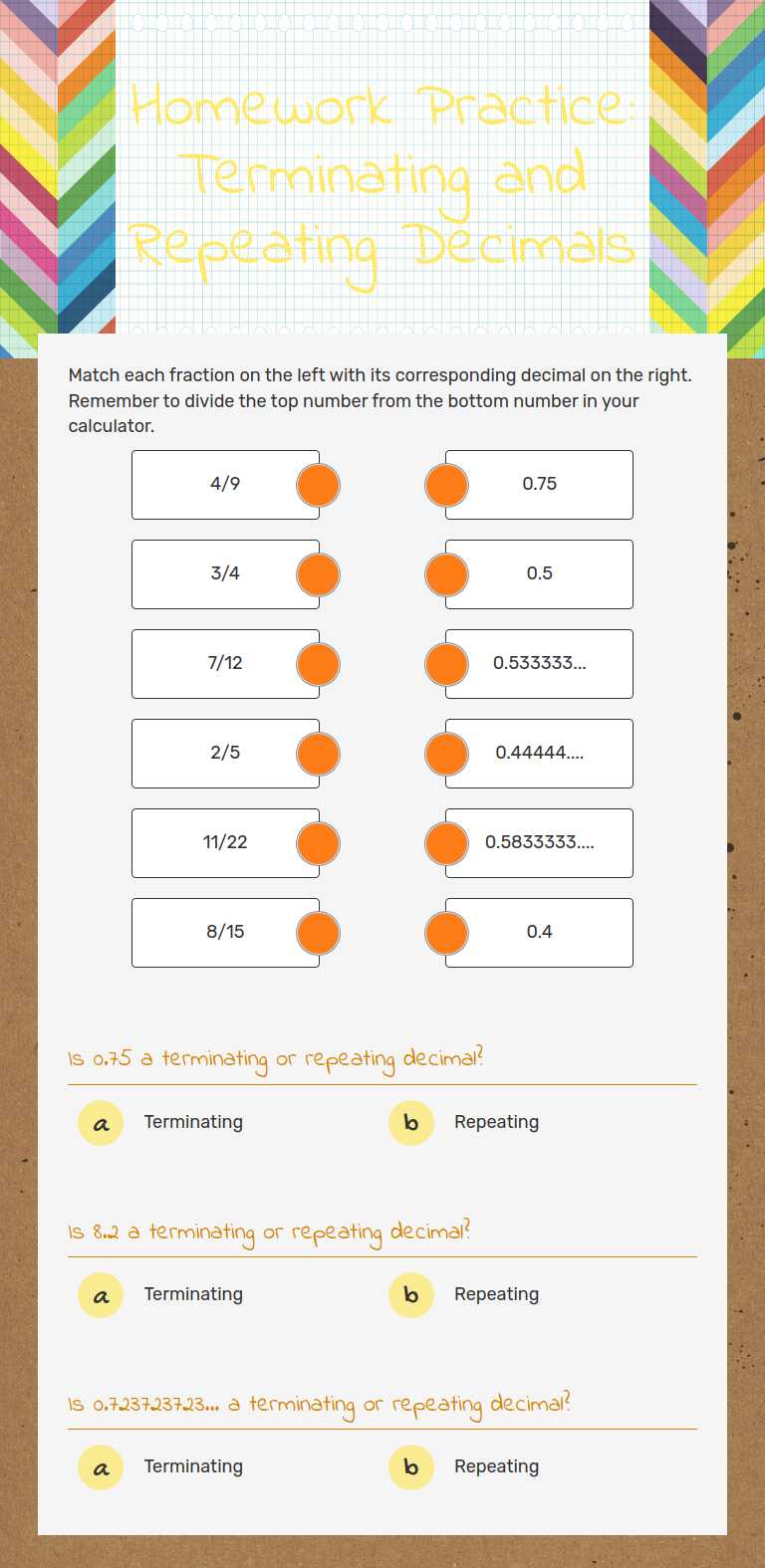 Homework Practice: Terminating and Repeating Decimals worksheet preview image